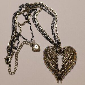 Betsey Johnson Y2K Angel Wings Gold, Black, and Rhinestone Necklace
